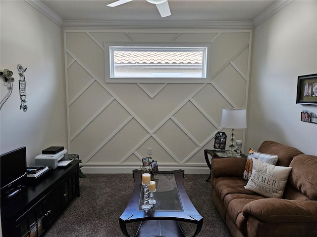 carpeted living room with ceiling fan and ornamental molding