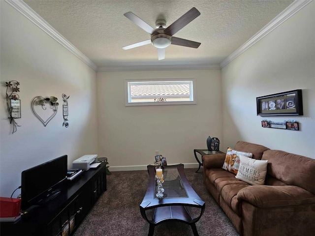 living area featuring dark carpet, a textured ceiling, a ceiling fan, and ornamental molding