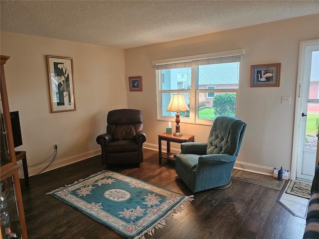 living area with a textured ceiling and dark hardwood / wood-style flooring