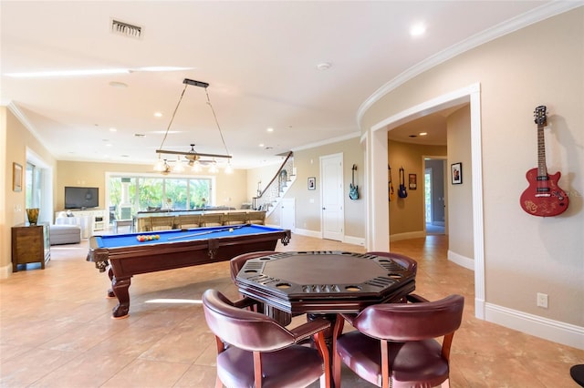 playroom featuring billiards, rail lighting, light tile flooring, and ornamental molding