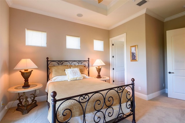 bedroom featuring light carpet and ornamental molding