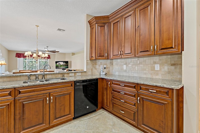 kitchen with sink, light tile flooring, dishwasher, and light stone countertops