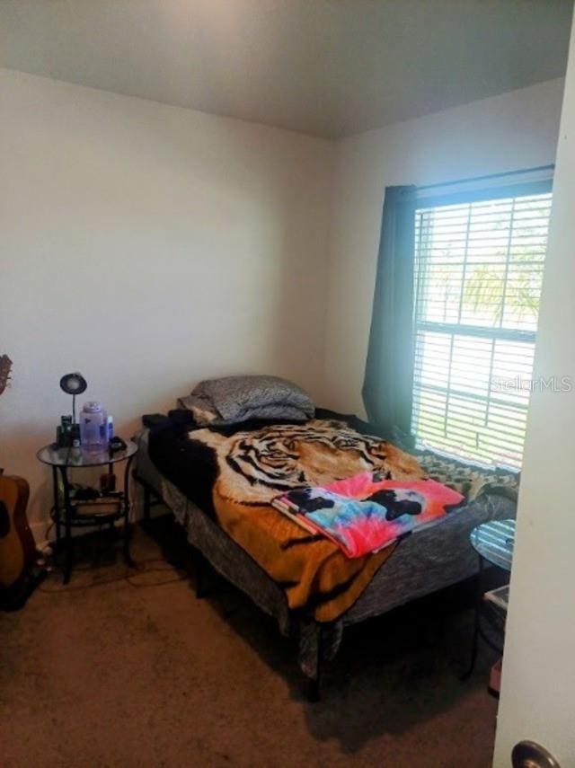 bedroom featuring dark colored carpet