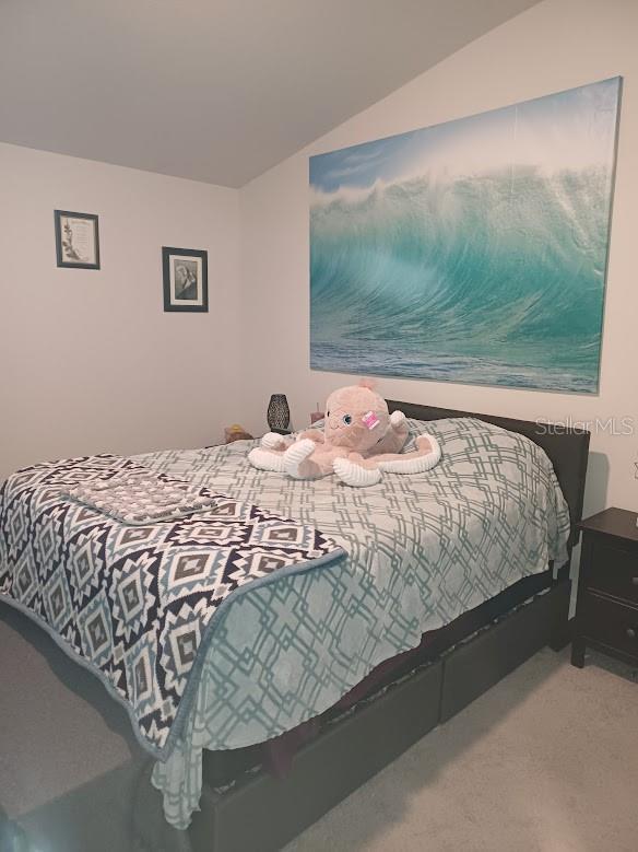 bedroom with carpet flooring and lofted ceiling