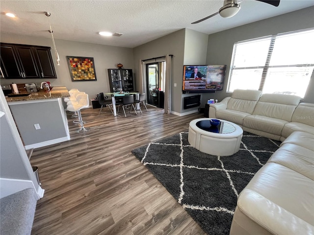 living room featuring hardwood / wood-style floors, a textured ceiling, ceiling fan, and a healthy amount of sunlight