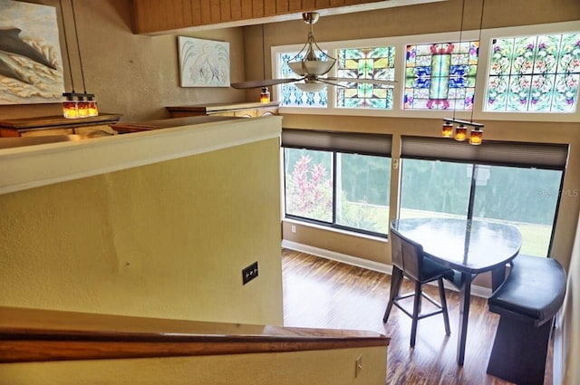 interior space featuring ceiling fan, hardwood / wood-style floors, and a wealth of natural light