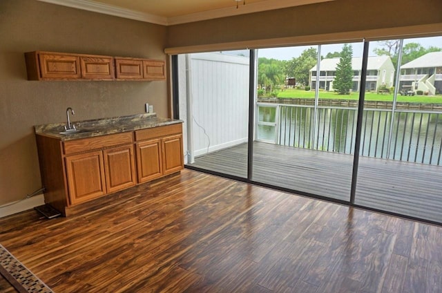 kitchen with sink, dark hardwood / wood-style floors, ornamental molding, and a water view