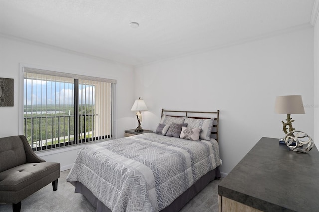 bedroom with carpet flooring and crown molding