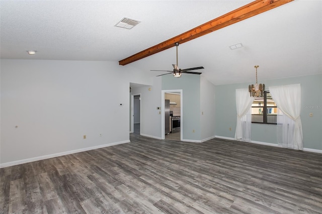 unfurnished living room with vaulted ceiling with beams, ceiling fan with notable chandelier, and dark hardwood / wood-style flooring