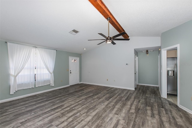 unfurnished room with ceiling fan, dark hardwood / wood-style flooring, and lofted ceiling with beams