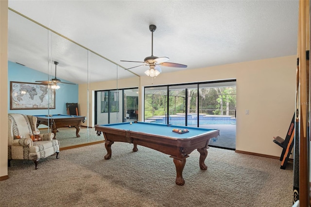 rec room with carpet flooring, ceiling fan, billiards, and vaulted ceiling