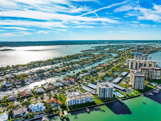 aerial view featuring a view of city and a water view