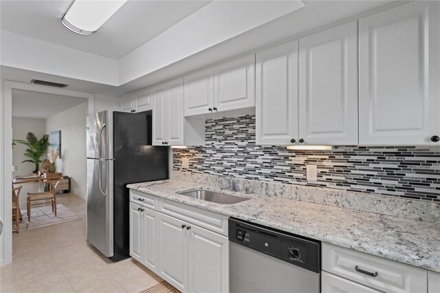 kitchen featuring white cabinets, dishwasher, backsplash, and a sink