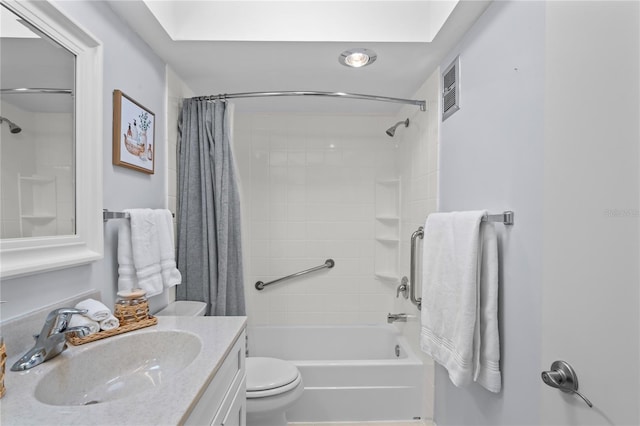 full bathroom with toilet, shower / bath combo, visible vents, and vanity