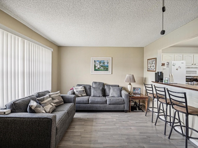 living room with light wood-type flooring and a textured ceiling