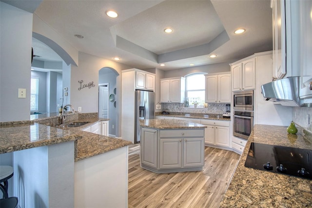 kitchen with sink, a raised ceiling, dark stone counters, white cabinets, and appliances with stainless steel finishes