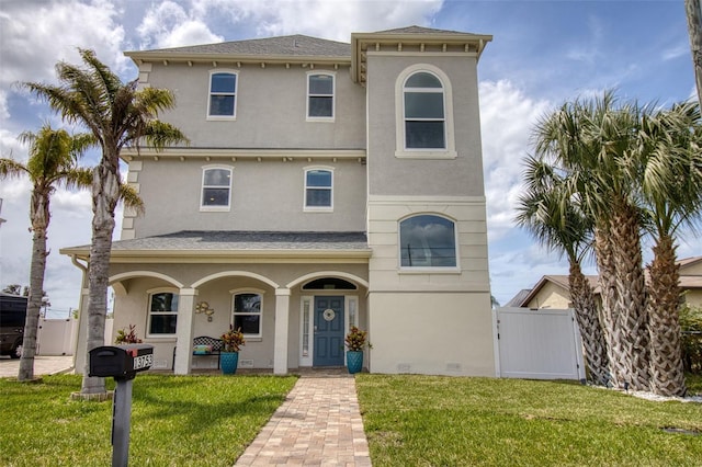 view of front facade with a gate, fence, a front lawn, and stucco siding