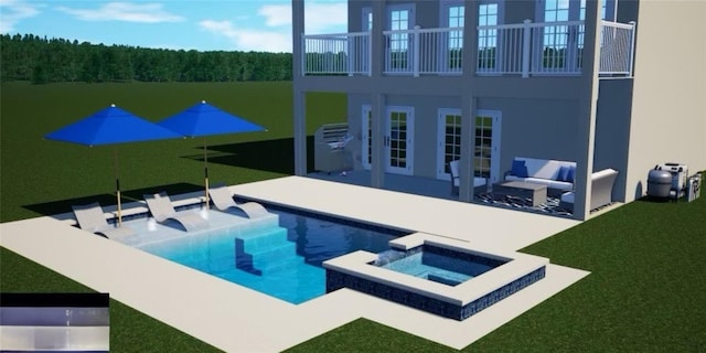 view of swimming pool with a patio area, a pool with connected hot tub, and an outdoor living space