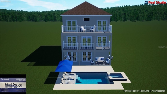 back of house featuring french doors, a patio, a pool with connected hot tub, a balcony, and a wooded view