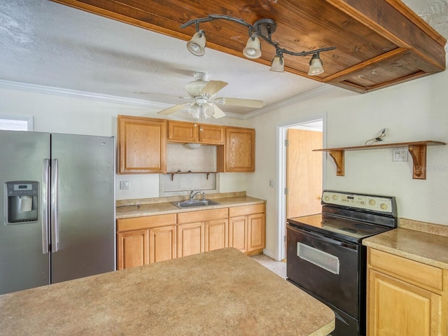 kitchen featuring stainless steel refrigerator with ice dispenser, ceiling fan, electric range oven, and sink