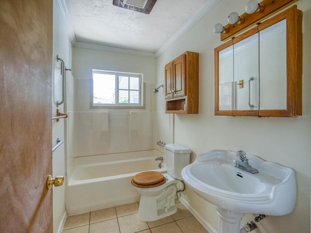 full bathroom with toilet, tub / shower combination, ornamental molding, tile floors, and sink