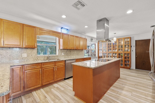 kitchen with a healthy amount of sunlight, stainless steel dishwasher, island exhaust hood, and light stone counters