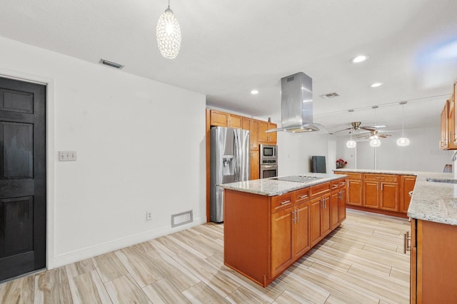 kitchen with pendant lighting, a center island, ceiling fan, stainless steel appliances, and island range hood