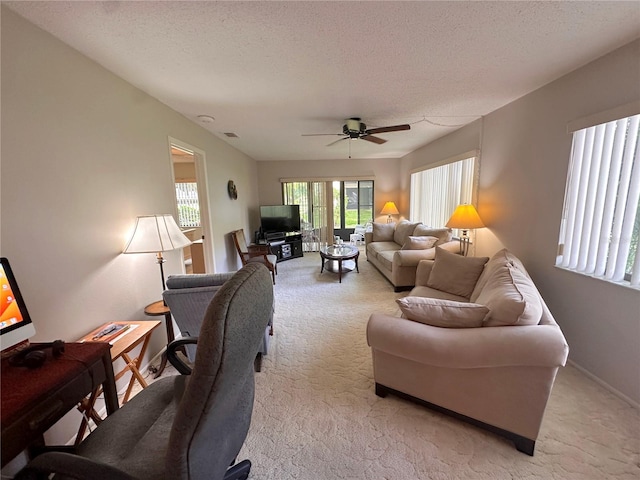 living room with a textured ceiling and light colored carpet