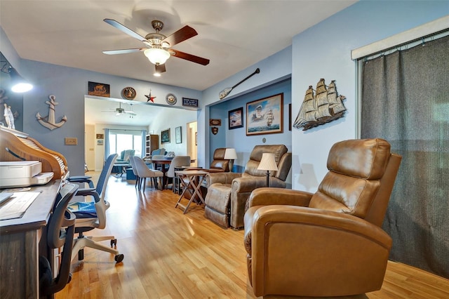 office space with ceiling fan and light wood-type flooring