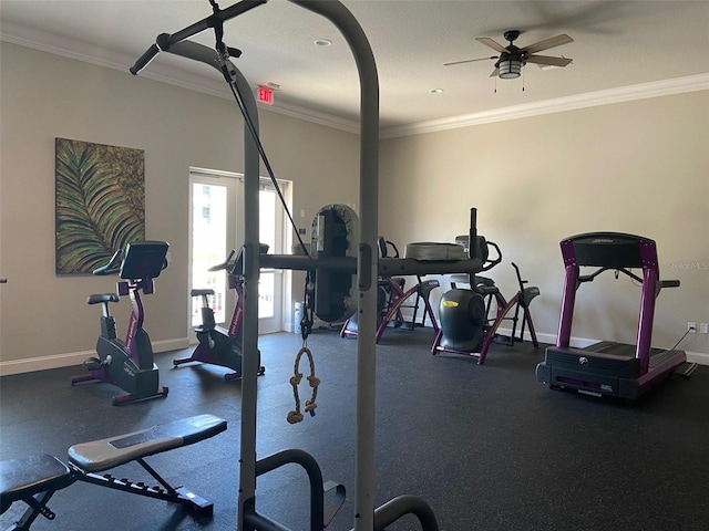 gym with ceiling fan and crown molding