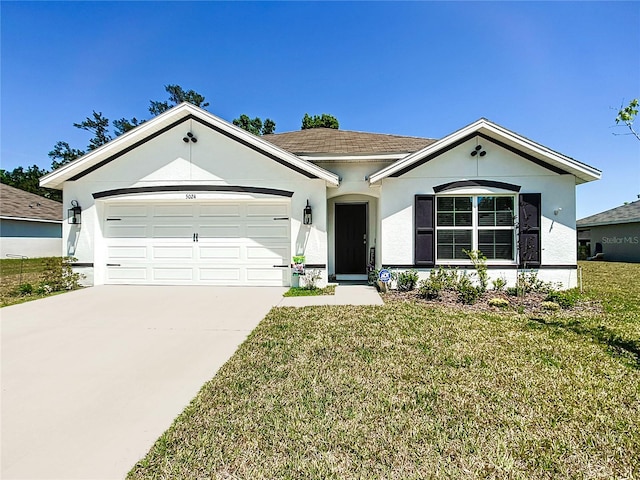 ranch-style home featuring a front lawn and a garage