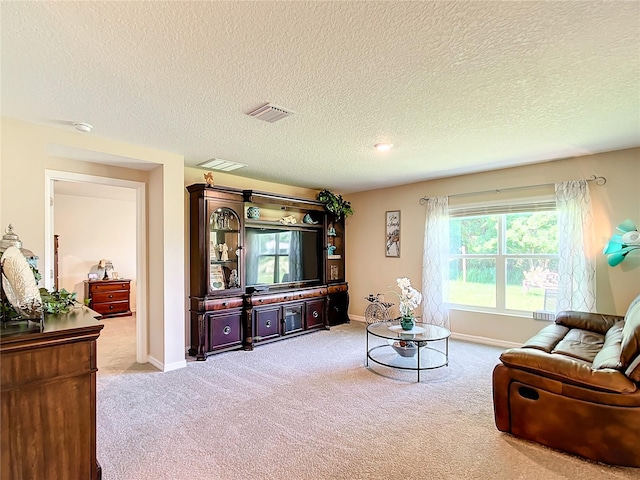 carpeted living room featuring a textured ceiling