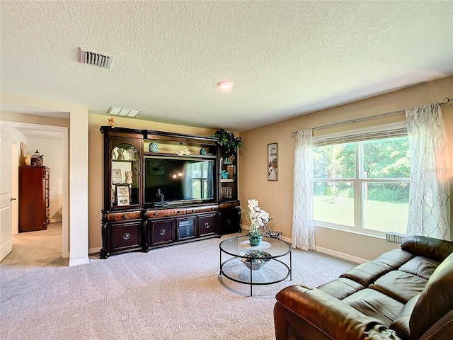 living room featuring light colored carpet and a textured ceiling