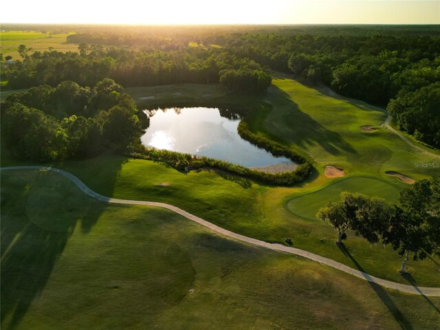 aerial view at dusk featuring a water view