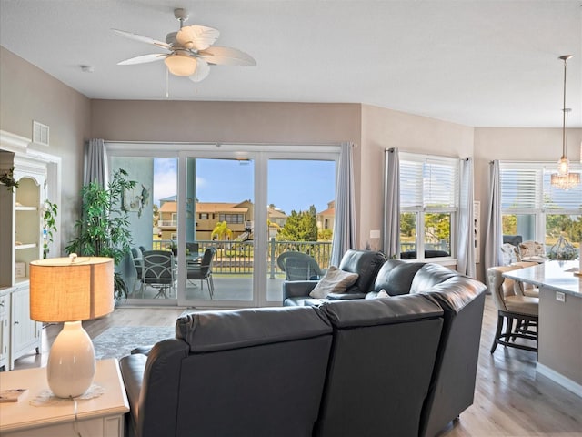 living room with ceiling fan and light wood-type flooring