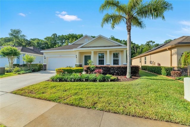 view of front of house with a garage and a front lawn