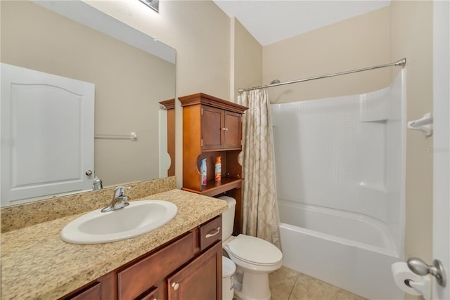 full bathroom featuring shower / bathtub combination with curtain, toilet, tile flooring, and vanity