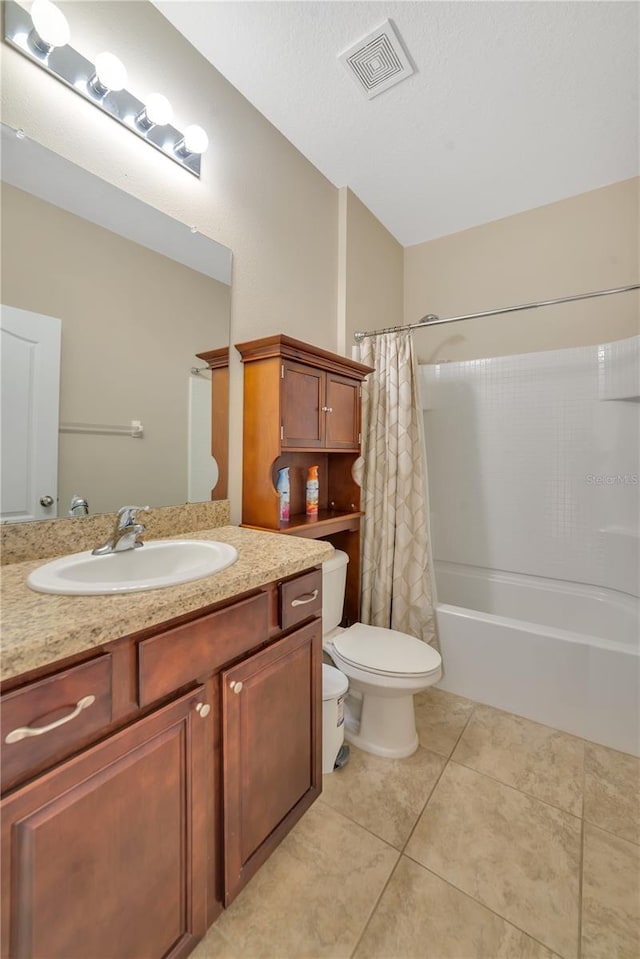 full bathroom with tile flooring, vanity, toilet, and shower / bathtub combination with curtain