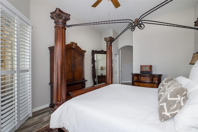 bedroom with ceiling fan and dark hardwood / wood-style floors