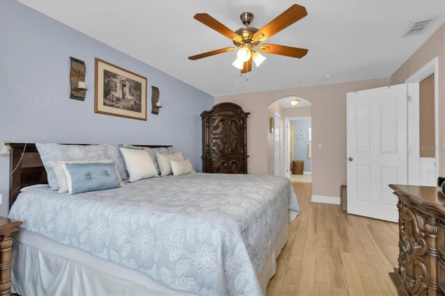 bedroom with light hardwood / wood-style floors and ceiling fan