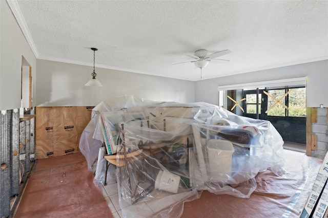 bedroom with access to exterior, crown molding, a textured ceiling, and ceiling fan