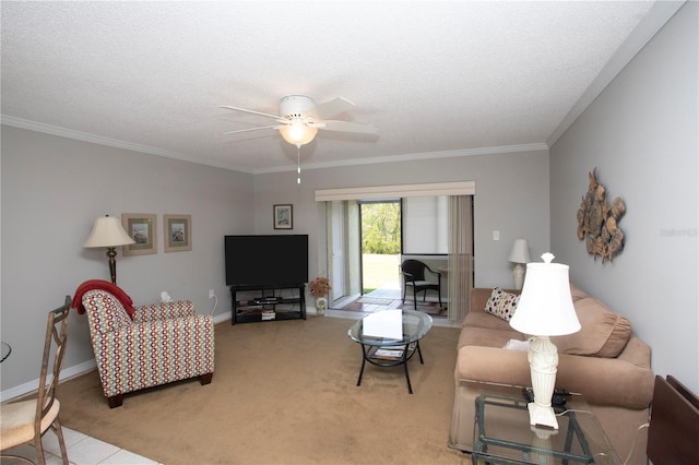 carpeted living room with a textured ceiling, ornamental molding, and ceiling fan