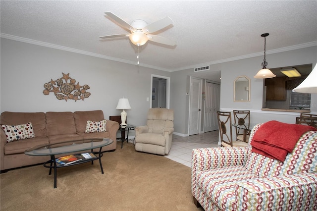 carpeted living room with crown molding and a textured ceiling