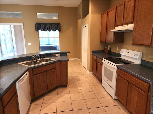 kitchen with sink, white appliances, and light tile flooring