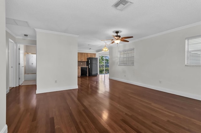 unfurnished living room featuring crown molding, a textured ceiling, ceiling fan, and dark hardwood / wood-style flooring