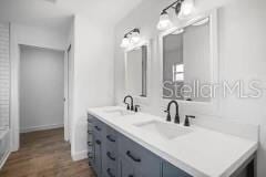 bathroom featuring wood-type flooring and dual bowl vanity