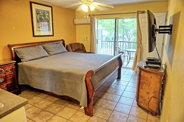 tiled bedroom with access to outside, ceiling fan, and an AC wall unit