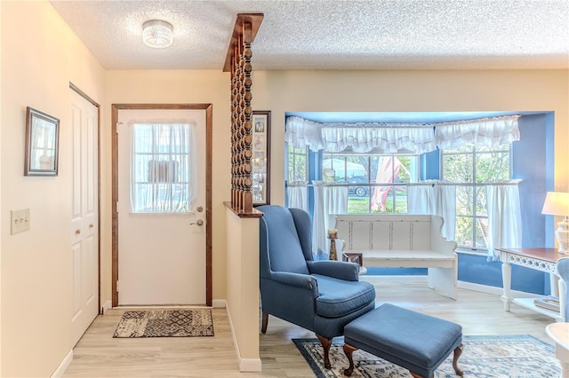 doorway to outside with a textured ceiling, light hardwood / wood-style floors, and a healthy amount of sunlight