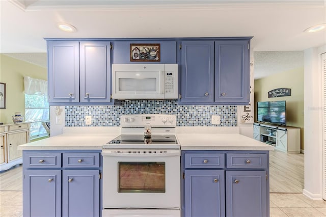 kitchen featuring decorative backsplash, a textured ceiling, white appliances, blue cabinetry, and light tile patterned flooring