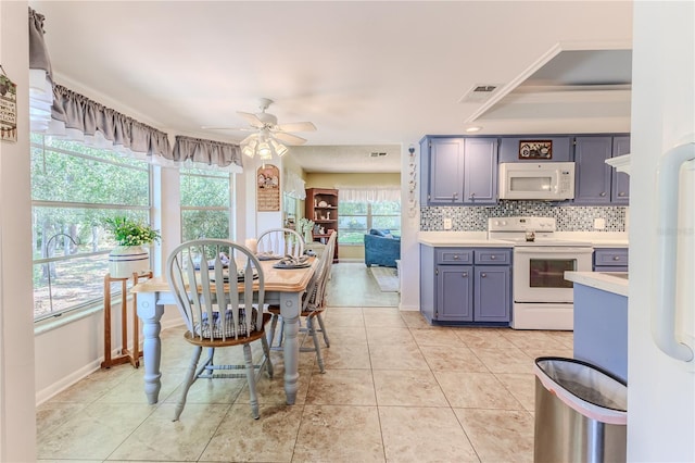 kitchen with white appliances, crown molding, ceiling fan, decorative backsplash, and light tile patterned flooring